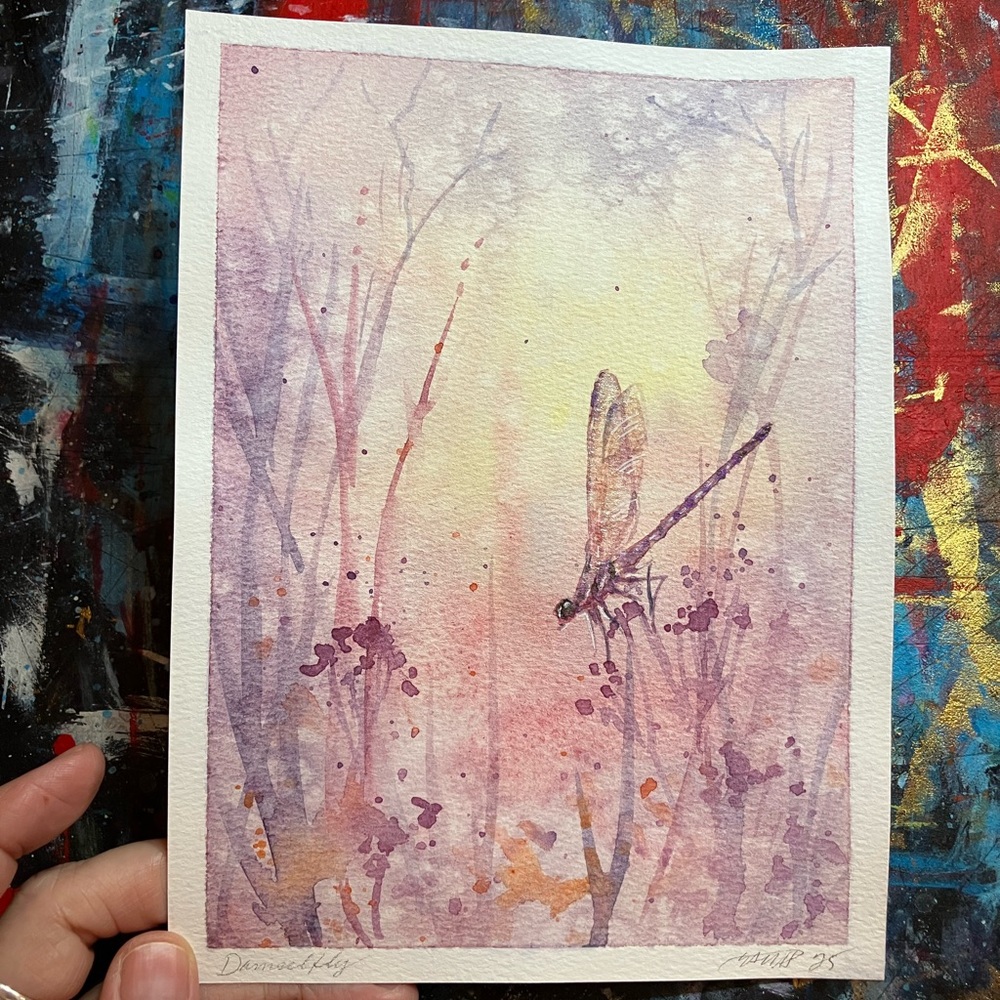 Original Dragonfly Watercolor Painting Art Insect Artwork Nature Wall Decor USA